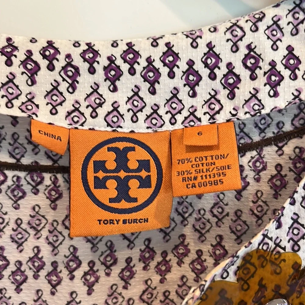 Tory Burch Purple and White Cotton/Silk Tunic Top Size 6